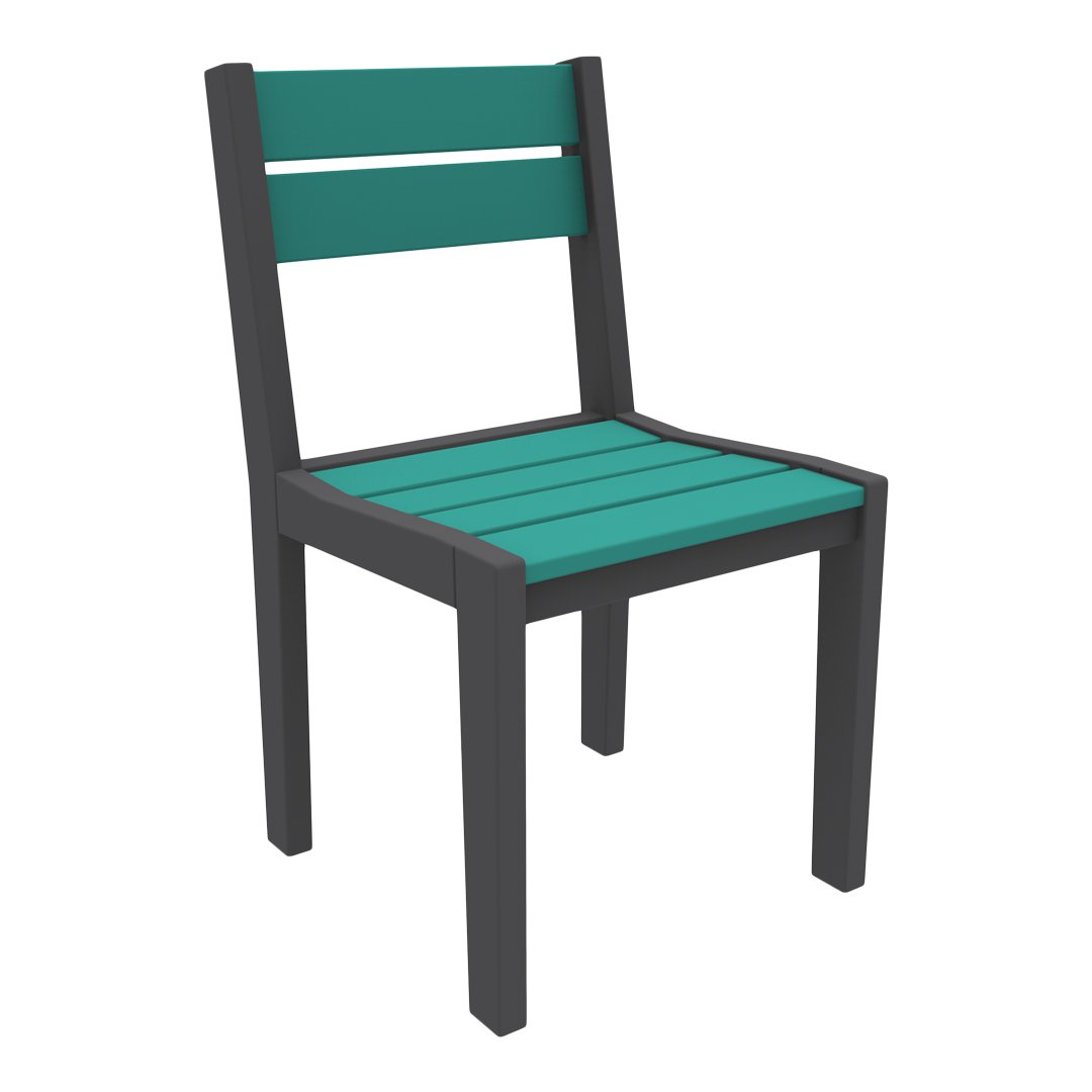 Turquoise slatted seat and backrest with a sleek black frame, perfect for modern outdoor or indoor décor.