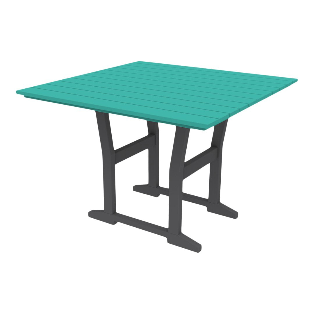 Teal square outdoor table with slatted surface and sleek gray legs, perfect for modern patio decor.