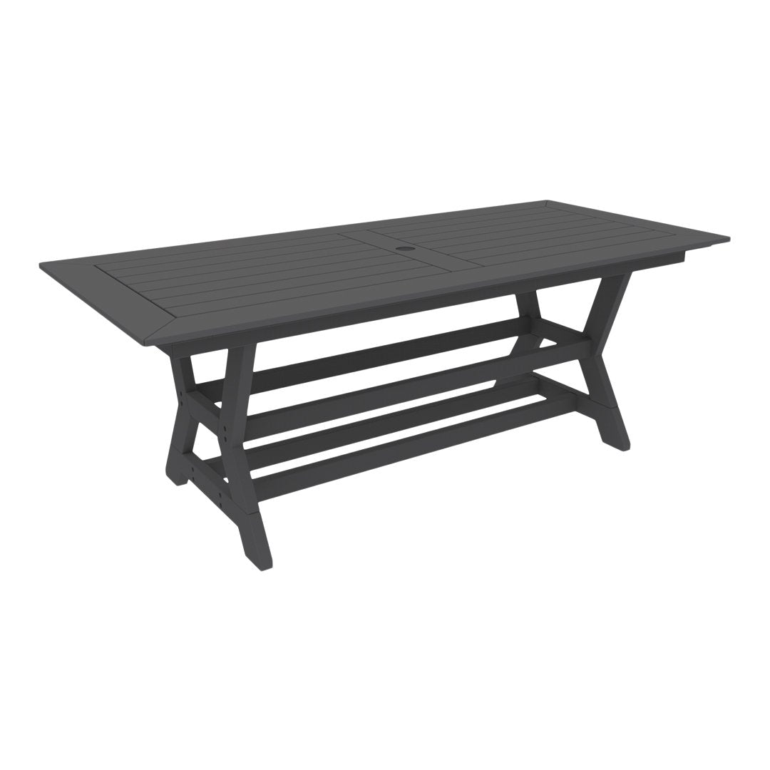 Gray outdoor dining table with a slatted top and sturdy X-frame design, perfect for stylish patio settings.