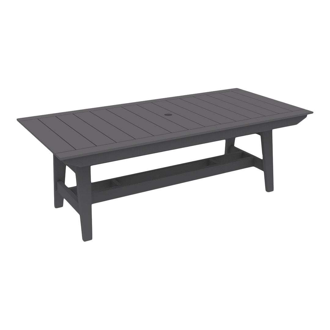Rectangular outdoor table in sleek charcoal gray with a slatted top and sturdy legs. Perfect for modern patios.