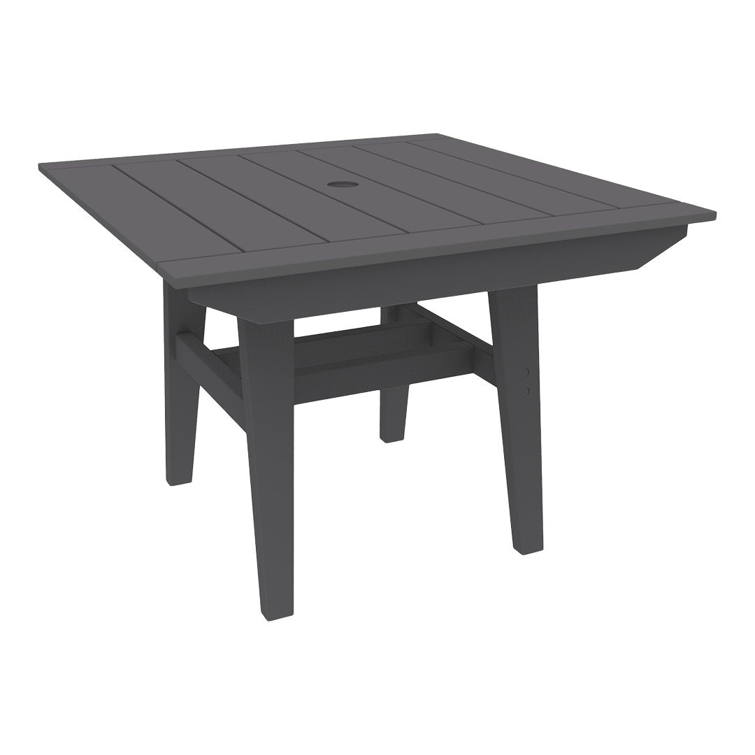 Dark gray square outdoor table with slatted top design and sturdy legs. Ideal for patio or garden use.