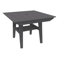 Dark gray square outdoor table with slatted top design and sturdy legs. Ideal for patio or garden use.