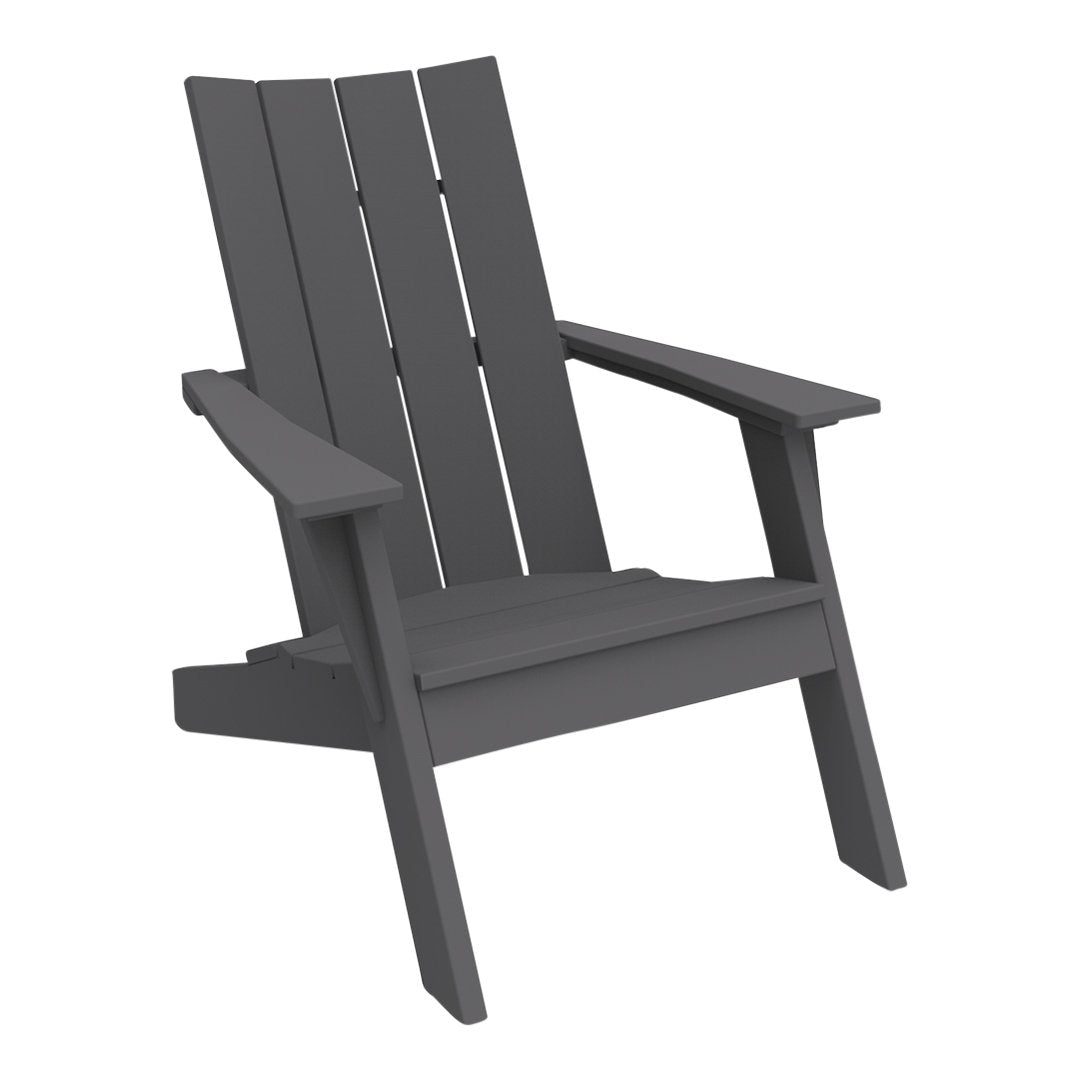 "Solid dark gray Adirondack chair with a slatted back and spacious armrests."