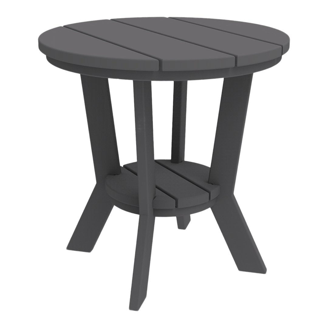 Round outdoor table in sleek dark gray with horizontal slats and sturdy legs, ideal for modern patio settings.