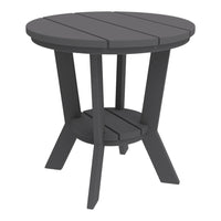 Round outdoor table in sleek dark gray with horizontal slats and sturdy legs, ideal for modern patio settings.