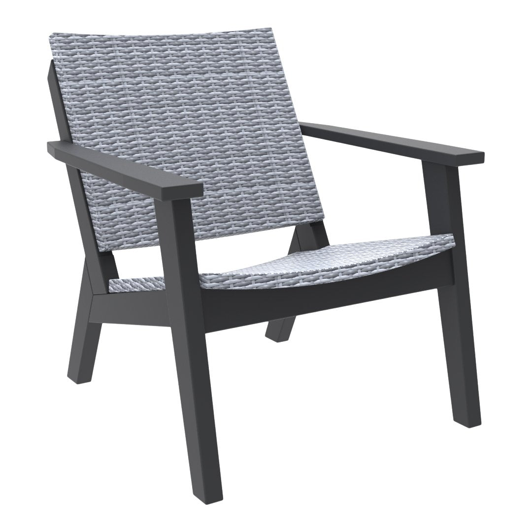 Gray woven pattern with black wooden frame accent chair for modern outdoor decor.