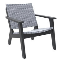 Gray woven pattern with black wooden frame accent chair for modern outdoor decor.