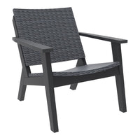 Gray woven pattern outdoor chair with a modern design and sturdy black frame. Perfect for patio or garden use.