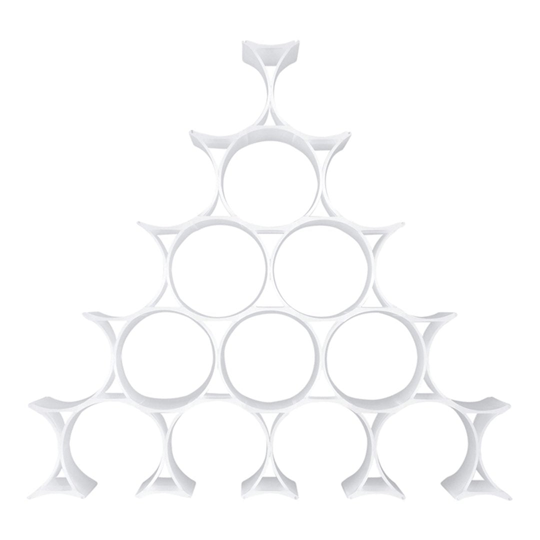 White geometric shelves in a pyramid design with circular cutouts, showcasing a modern and minimalist aesthetic.