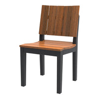 Wooden chair featuring dark brown tones with a sleek, modern black frame. Stylish and contemporary design.