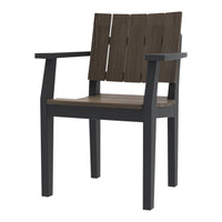 Dark gray wooden chair with a slatted back and brown seat, showcasing a modern, minimalist design.