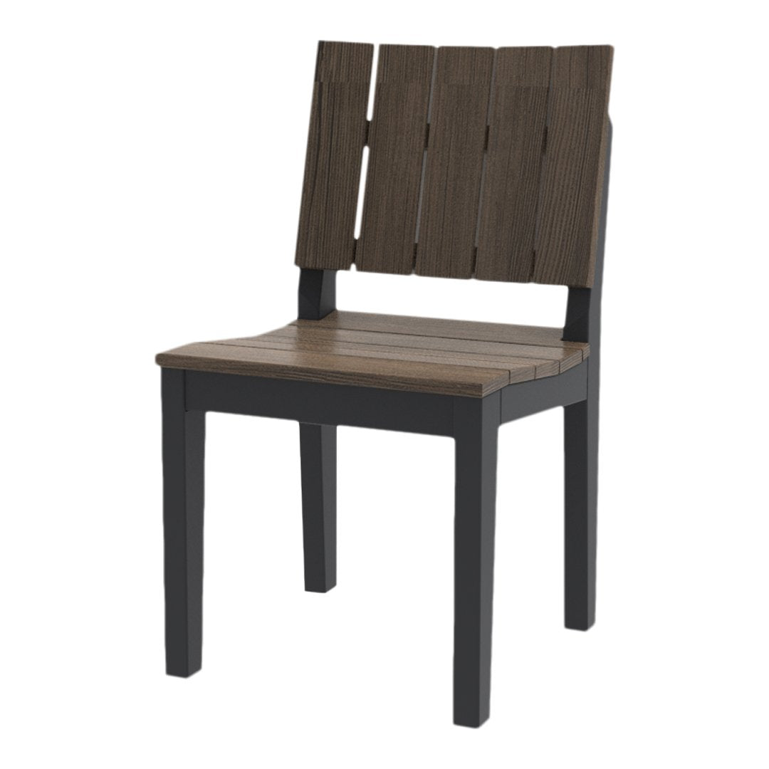 Brown slatted wood top with dark gray legs, modern and stylish patio chair design.
