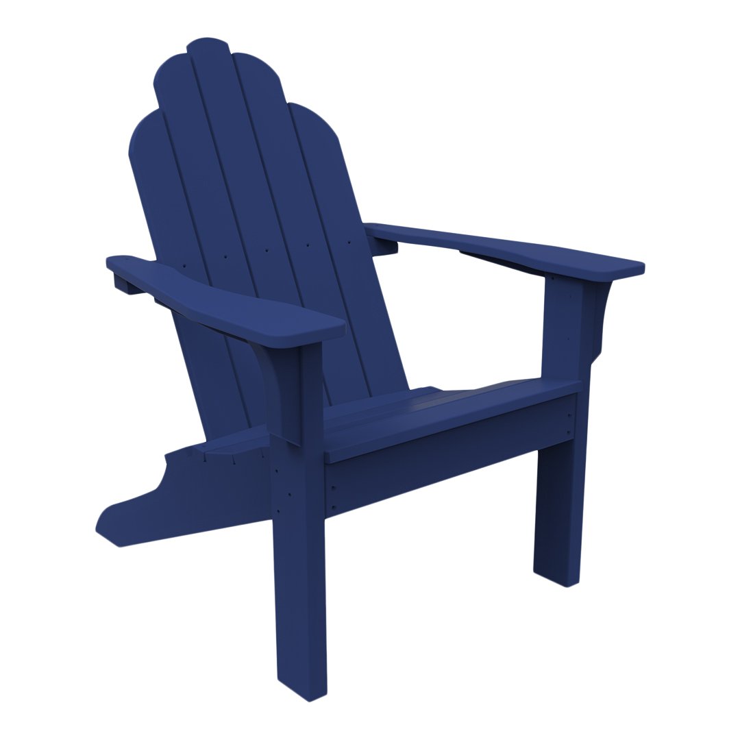 Navy blue Adirondack chair with a classic slatted design, perfect for outdoor relaxation.