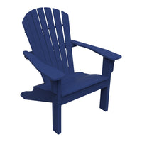 Navy blue Adirondack chair with slatted back and wide armrests, perfect for outdoor relaxation.