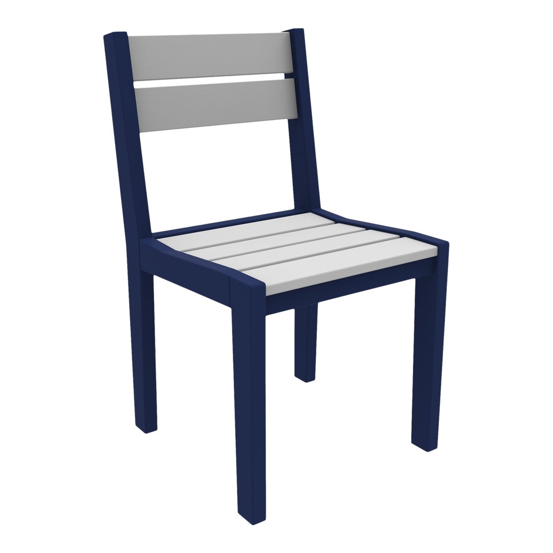 Navy blue and gray chair with a slatted seat and backrest, featuring a modern, minimalist design.