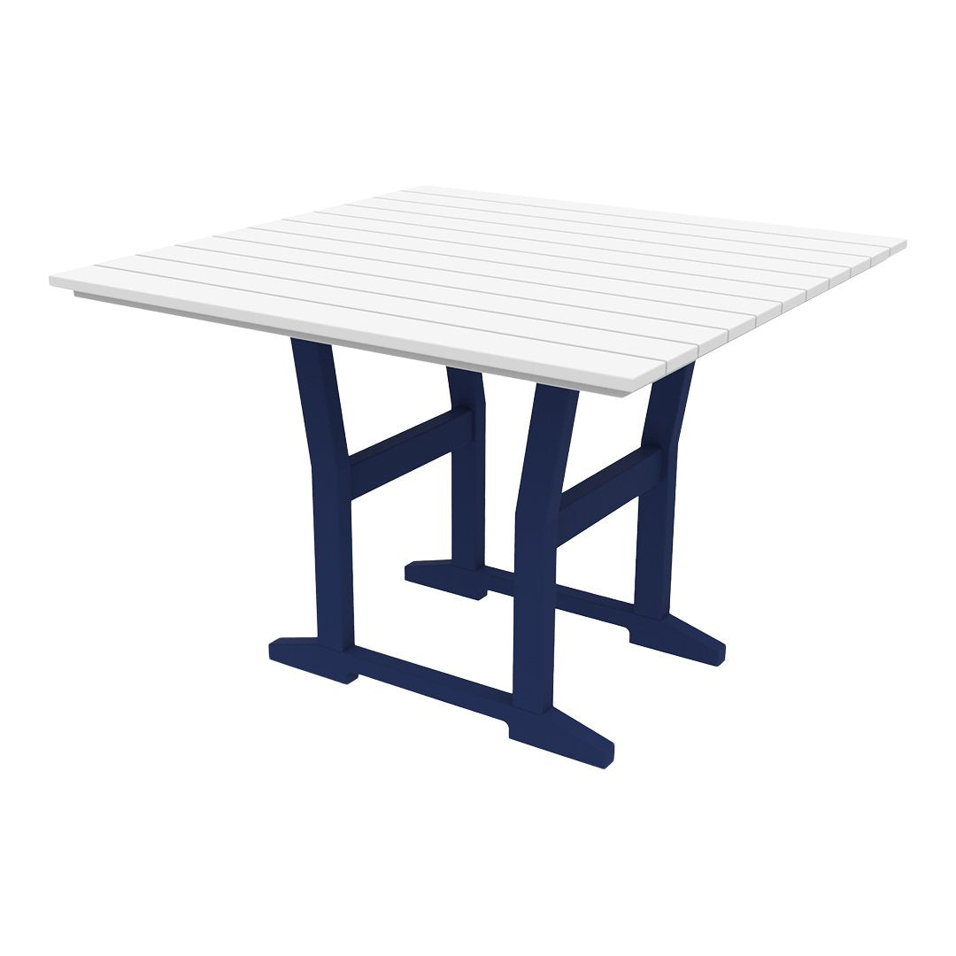 Square table featuring a white slatted top and navy blue legs, perfect for outdoor or modern indoor settings.