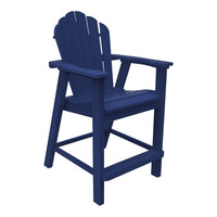 Navy blue wooden high chair with a classic slatted design and sturdy frame for outdoor use.