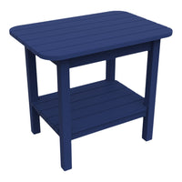 Navy blue wooden side table with a slatted design and open bottom shelf. Ideal for outdoor or indoor use.
