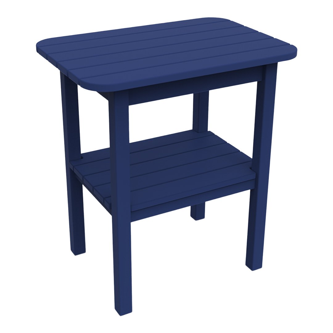 Navy blue slatted side table with a smooth top and open shelf, perfect for outdoor or indoor use.