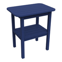 Navy blue slatted side table with a smooth top and open shelf, perfect for outdoor or indoor use.