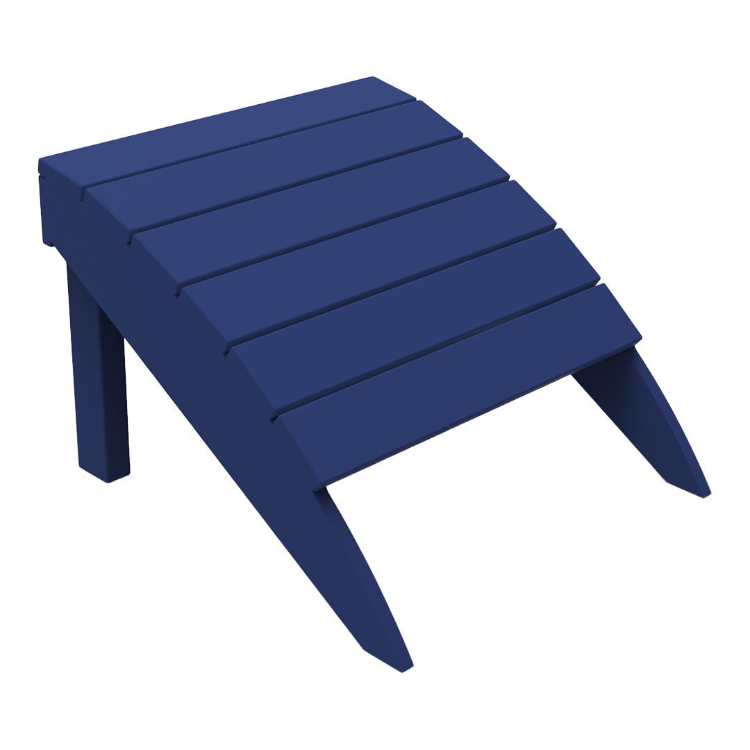 Navy blue slatted outdoor footrest with a modern, minimalist design. Perfect for patio or garden seating.
