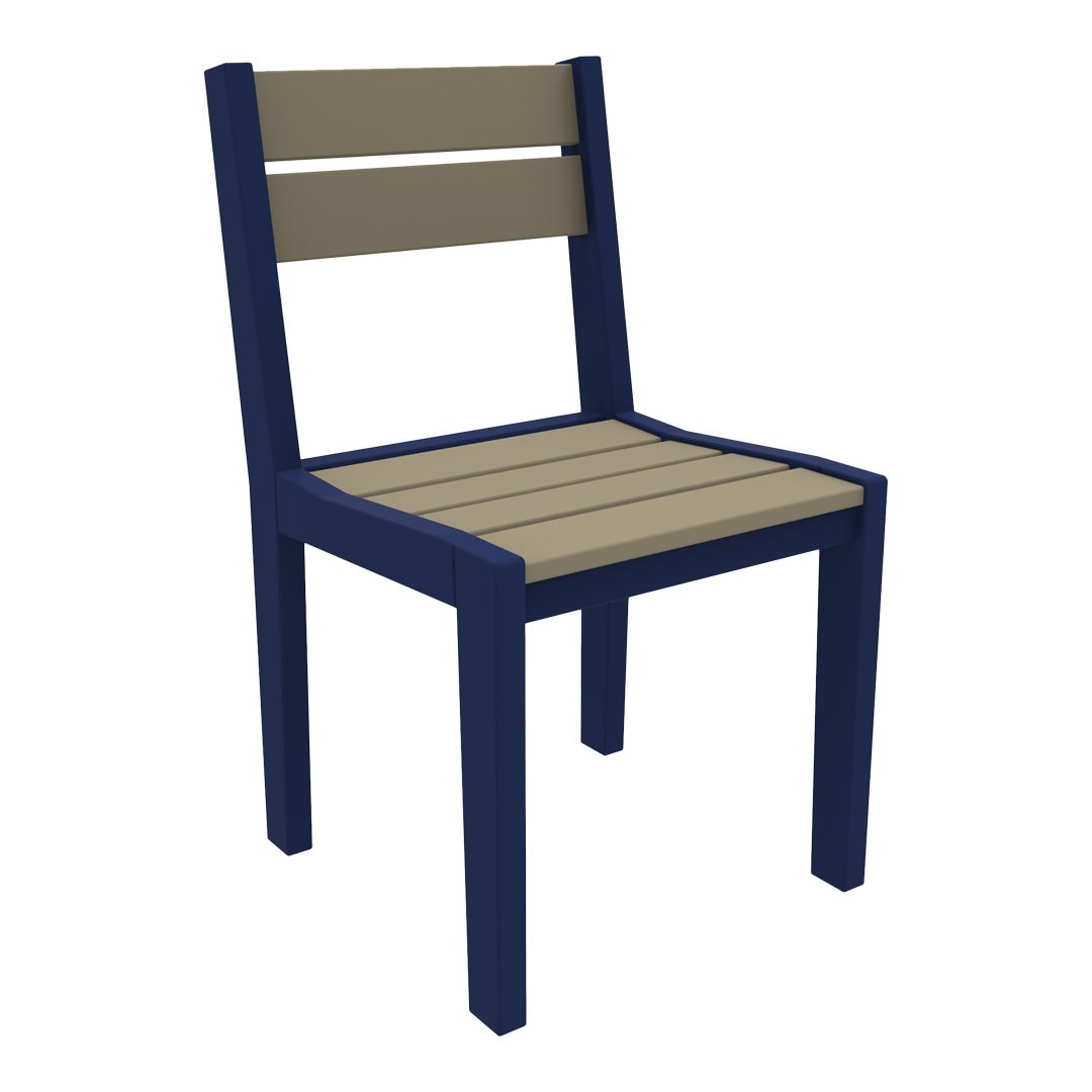 Navy blue and tan outdoor chair with a simple, modern design and slatted seat and back. Perfect for patio decor.