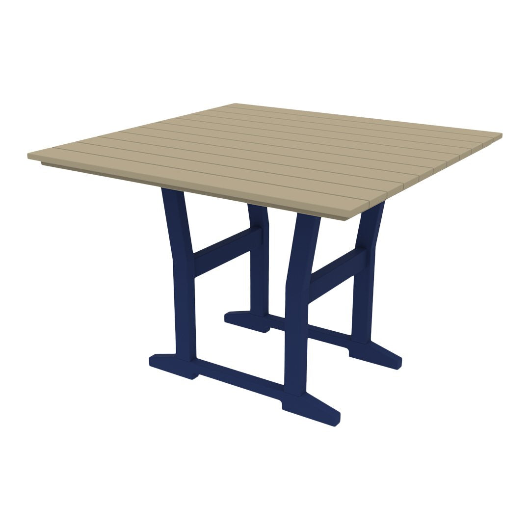 Beige slatted tabletop with a dark blue base, perfect for outdoor dining and gatherings.