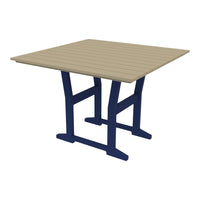 Beige slatted tabletop with a dark blue base, perfect for outdoor dining and gatherings.