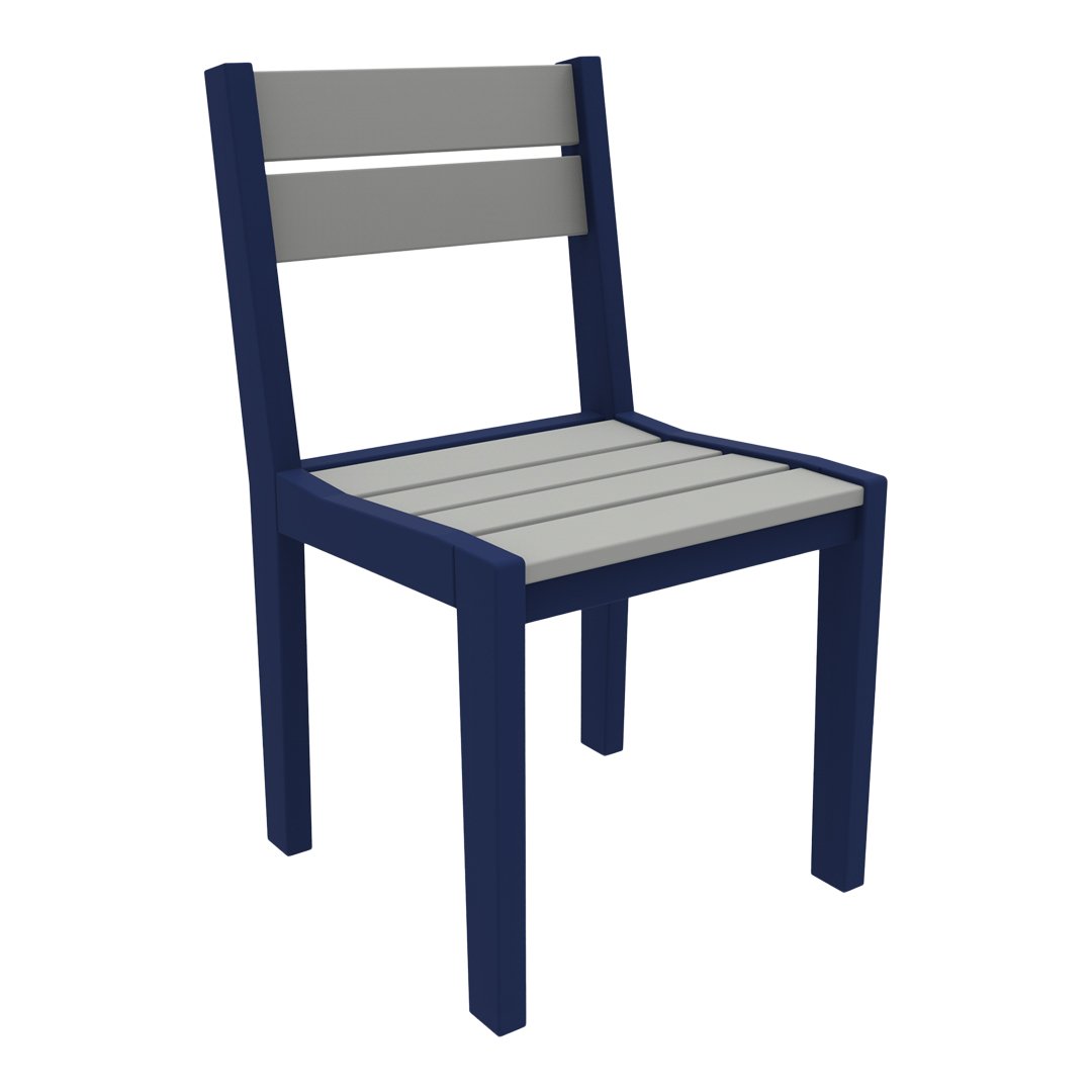 Navy and gray outdoor chair with a simple, modern design and slatted seat and backrest. Perfect for patio use.