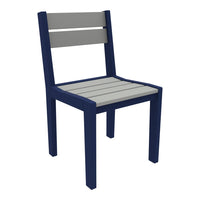 Navy and gray outdoor chair with a simple, modern design and slatted seat and backrest. Perfect for patio use.