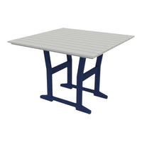 Square outdoor table with a light gray top and navy blue legs, featuring a slatted pattern. Perfect for patio decor.