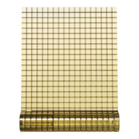 Glossy gold grid pattern on a translucent background, featuring uniform squares and a rolled edge.