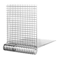 Metallic silver grid pattern wire mesh, featuring uniform square openings and a glossy finish. Ideal for various applications.