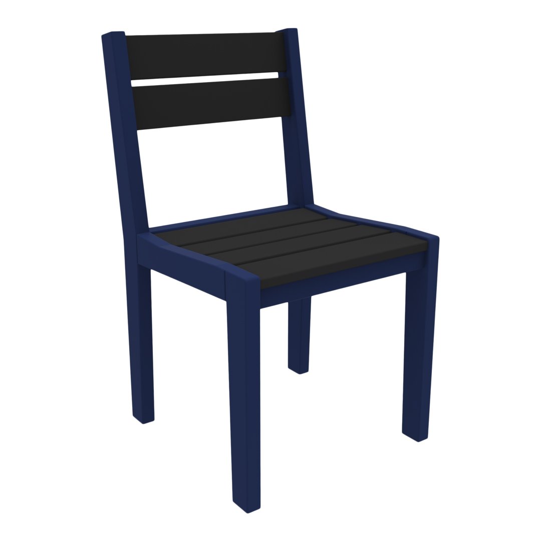Navy blue wooden chair with black slatted seat and backrest, modern design for indoor or outdoor use.