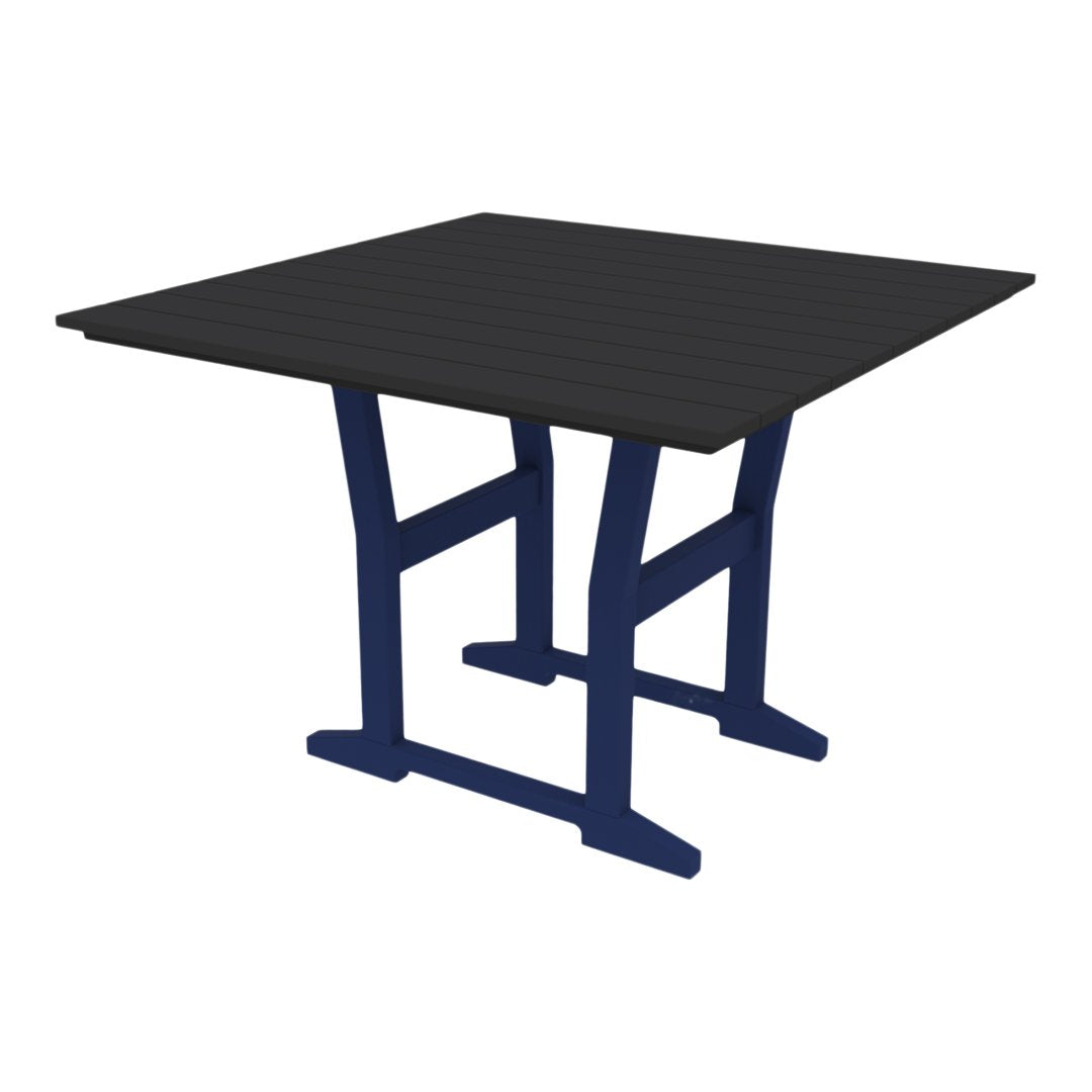 Black square table with a textured surface and contrasting navy blue legs, perfect for modern decor.