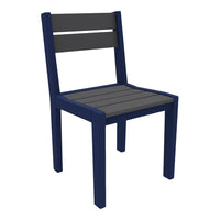 Navy blue chair with gray slatted seat and backrest, perfect for modern outdoor or indoor decor.