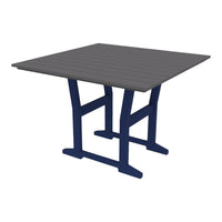 Square table featuring a gray top with a slatted pattern and a navy blue base. Ideal for modern outdoor settings.