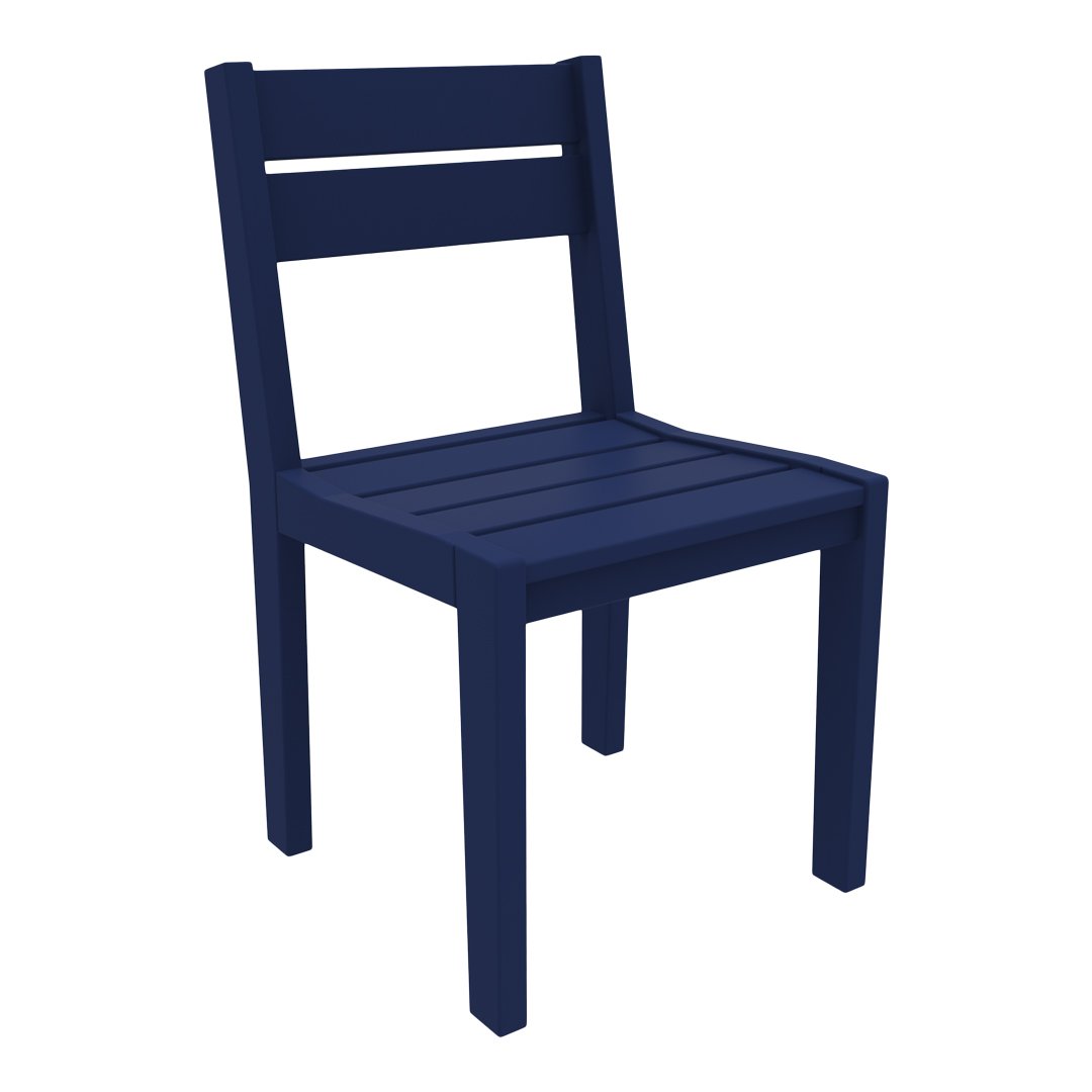 Navy blue wooden chair with a slatted design and simple, modern lines. Perfect for contemporary decor.