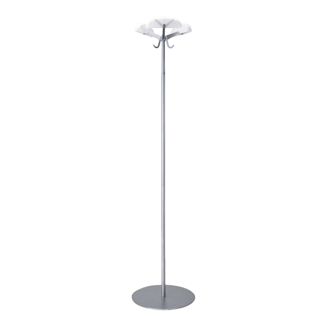 White floral coat rack with a sleek chrome pole and round base, ideal for modern decor. Elegant and minimalist design.