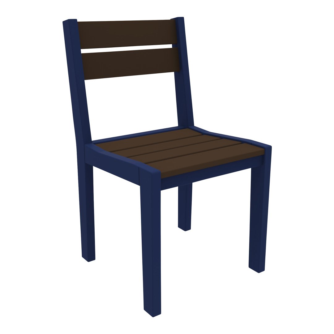 Navy blue chair with brown slatted seat and backrest, featuring a simple, modern design. Ideal for contemporary spaces.