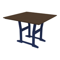 Brown tabletop with a smooth finish, complemented by a sturdy navy blue base design.