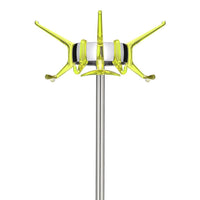 Bright yellow hooks with glossy finish on a sleek silver pole, showcasing a modern, minimalist design.