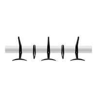 Black modern coat hooks on a sleek white rod, featuring a minimalist design and smooth contours.