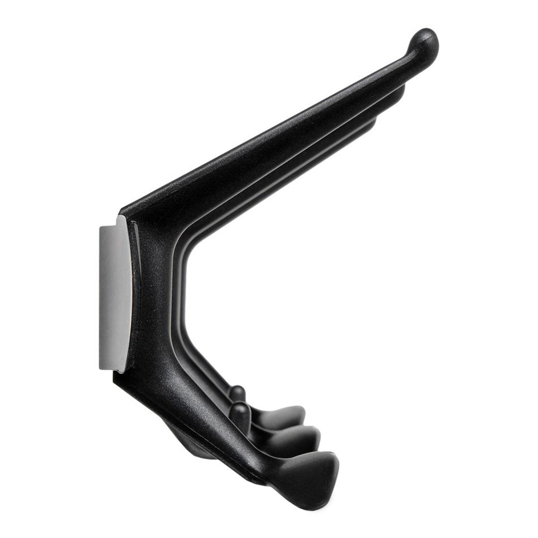 Black wall mount guitar hanger with sleek, curved design and three hooks for secure instrument storage.