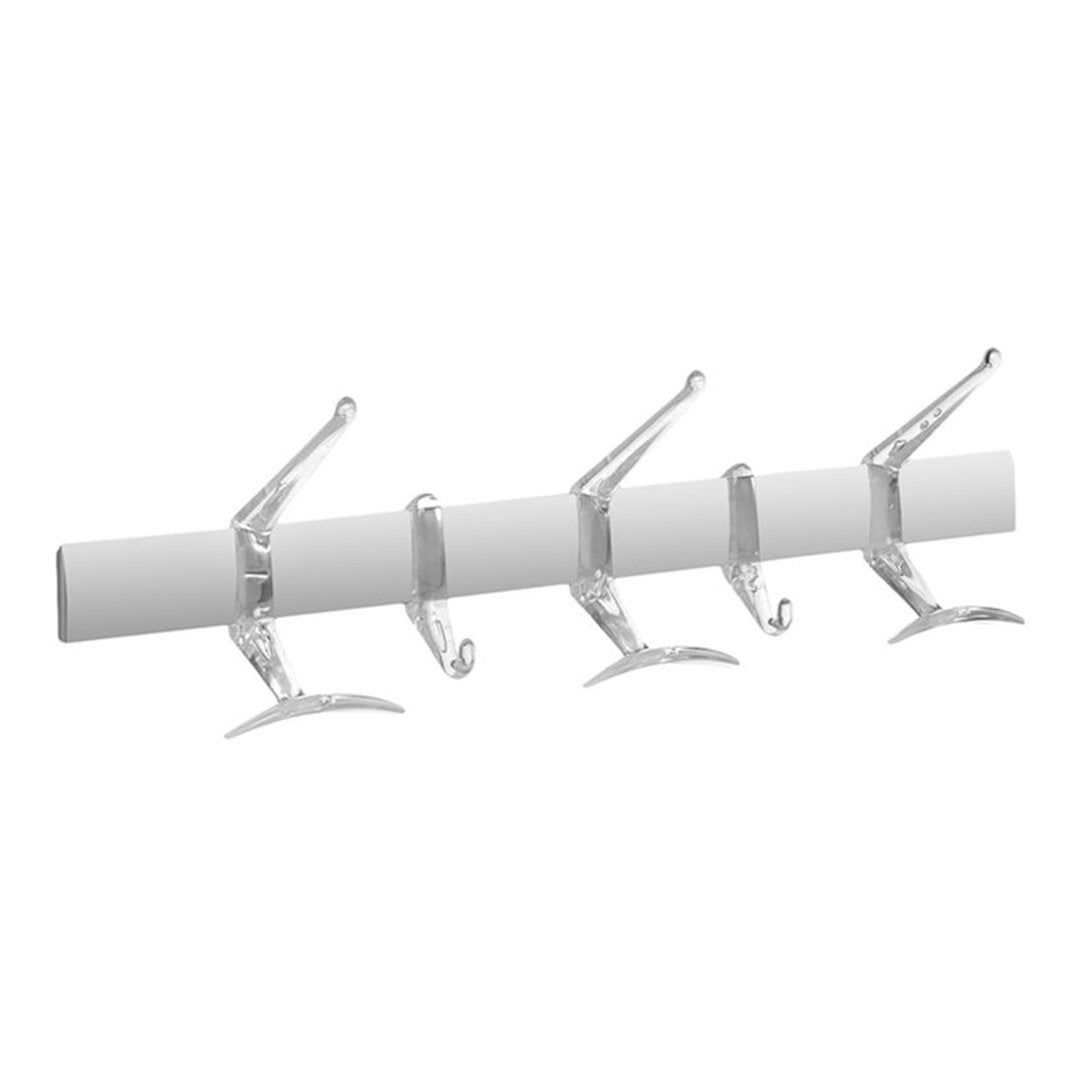 Sleek white wall hook rack featuring four shiny, curved metal hooks for a modern, minimalist look.