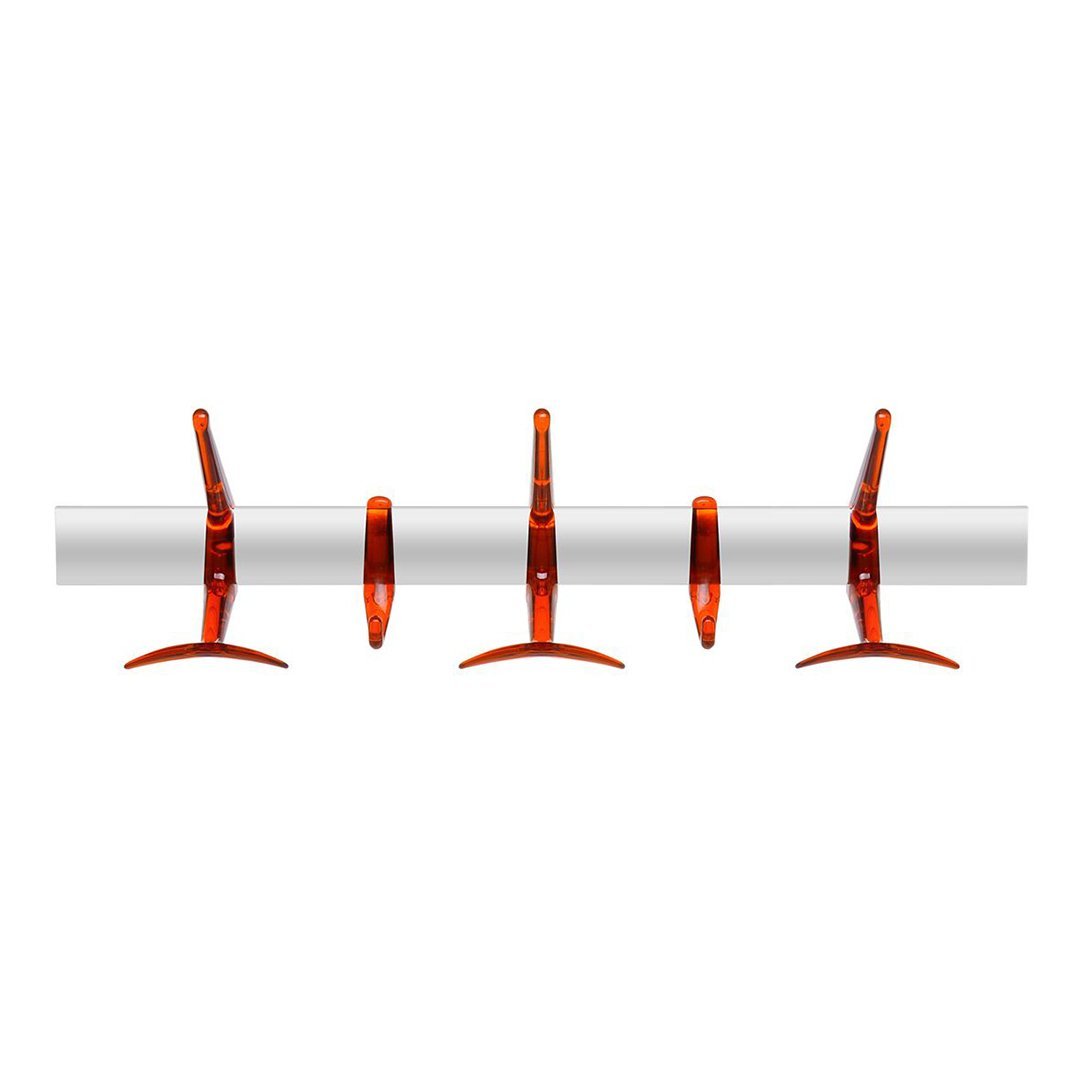 Orange hook hangers on a sleek white rod, showcasing a modern and minimalist design.