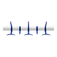 Bright blue hooks with a sleek design arranged on a white rod, perfect for organizing and adding color to any space.