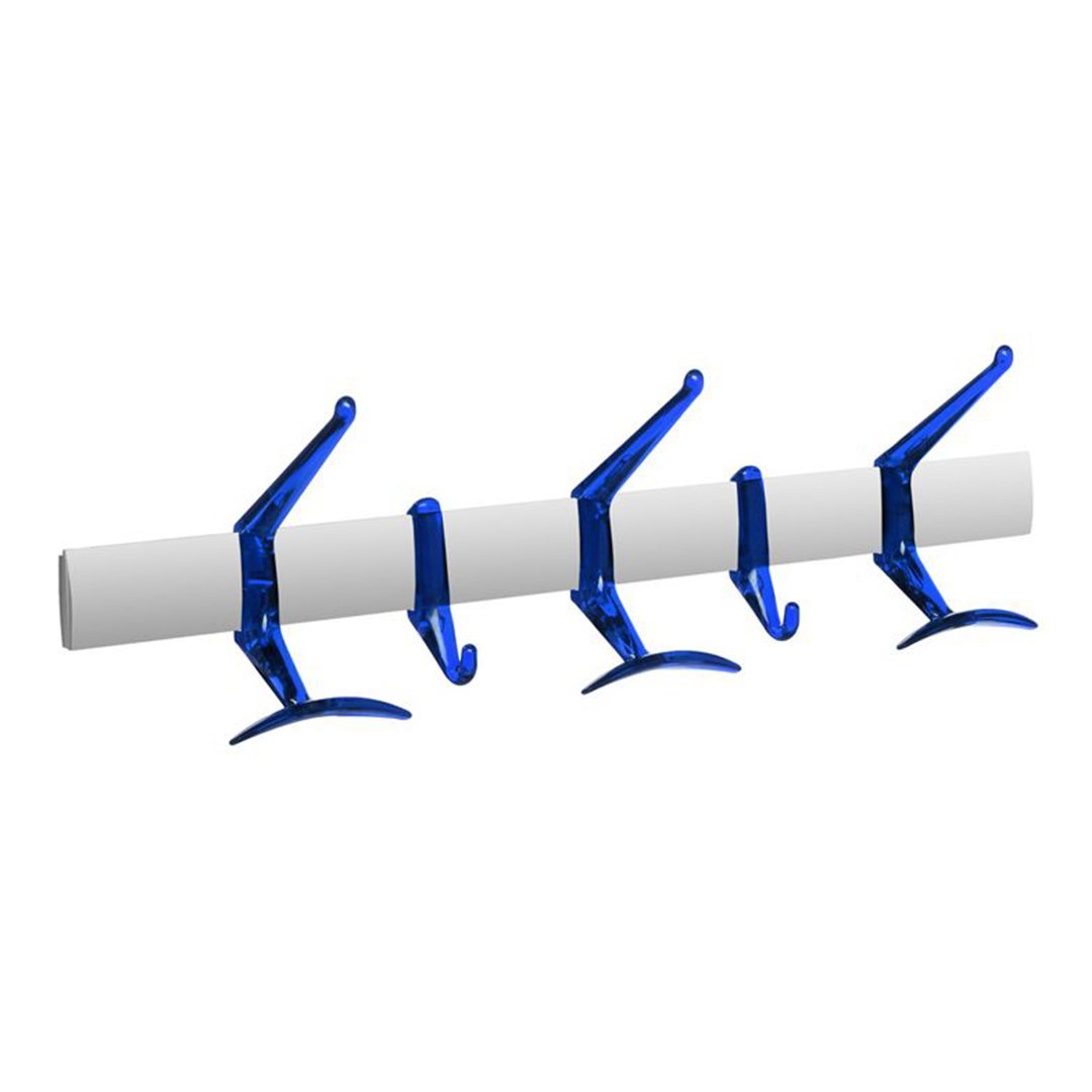 Blue hooks with a sleek design on a white rod, featuring a smooth finish and modern aesthetic.