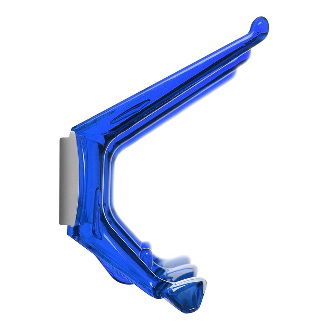 Blue angled wall hook with a sleek, transparent design for modern decor. Ideal for stylish organization.