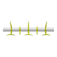 Bright green hooks on a sleek white rod, featuring a minimalist design for modern decor. Perfect for organization.